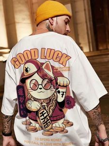 เสื้อยืดแขนสั้นลายแมวโชคลาภ ทรงหลวม สำหรับผู้ชาย ไซส์ใหญ่ แฟชั่นฤดูร้อน 2022 เสื้อยืดคอกลมแขนสั้นพิมพ์ลายสัตว์