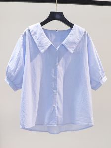 Brand Discount Summer Striped Doll Collar Loose Cotton Linen Womens Shirt Trendy Korean Style Straight Tube Button Print Split