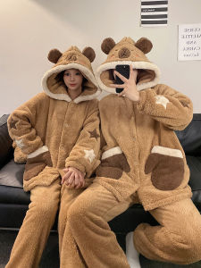 2024 Couple Pajamas Womens Winter Net Thang-Ga Pibala Hooded Thickened Coral Fleece Cartoon Home Wear Mens Winter