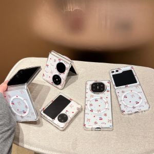 Ultra-Thin Strong Magnetic Absorption Cherry Heart Phone Case for Xiaomi OPPO Find N3 Flip Foldable Screen Honor Magic V Flip Protective Cover Vivo X Huawei Pocket 2