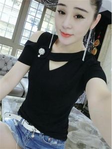 Fashionable Pearl Detail Slim Fit Short Sleeve V Neck T Shirt Womens Summer 2024 Top Quality Material Other 100% Age Defying