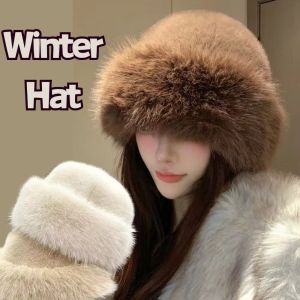 INOPERTABLESTORE68RE2 Thicken Fluffy Fur Bucket Hat Warm Cold Panama Cap Ear Protection Berets Women