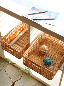 Long Rectangle Wicker Weave Storage Basket for Living Room Miscellaneous Items Organizer Plastic Material Home Storage Utility