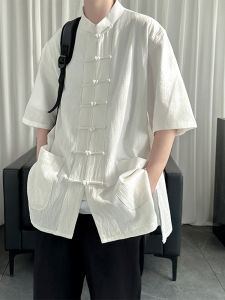 New Chinese Cotton and Linen Chinese Knot Button Shirt Mens Short Sleeve Chinese Style Summer Teenager Sense 3/4 Sleeve Han Dynasty Shirt Coat