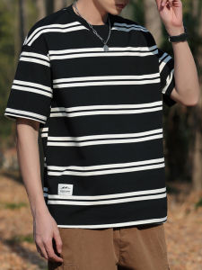 Men Summer New Arrival Japanese Style Vintage Stripe Short Sleeve T-Shirt Trendy Loose Crew Neck T-shirt Casual All-Matching Tops