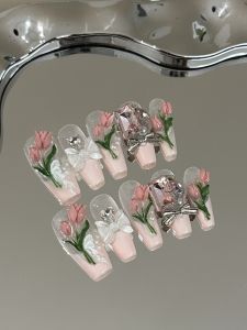 Pink Tulip Long Nails Gentle Girl Heart Ice through High-End White Enhancing Detachable Handmade Wearing Nails Beauty Tools