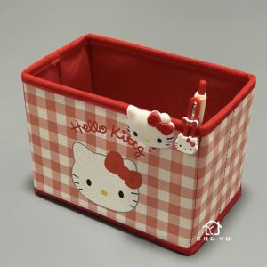 Foldable Hellokitty Desktop Storage Box with Cover Dustproof Student Dormitory Organization Box Leather Material Rectangular Shape