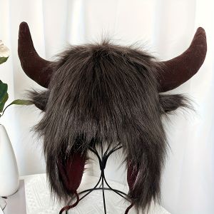 Womens Cow Skull Fisherman Hat with Faux Fur Horns - Winter Warm Ear Protection Beanie Soft Imitation Mink Material women
