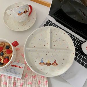 Ins สไตล์เกาหลีลายจุดลูกสุนัขจานสร้างสรรค์จานบ้านจานแบ่งจานข้าวชามถ้วยเซรามิกน่ารัก
