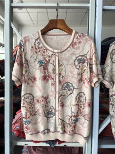 Middle-Aged and Elderly Pullover Print Womens Mulberry Silk round Neck Tops Mom Summer Clothes Shoulder Short Sleeve T-Shirt Ice Silk Shirt