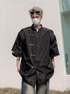 Summer New Chinese Style Liquid Gloss Short Sleeve Mens Shirt Loose Casual Versatile Shoulder Pad Jacket Metal Decoration Youth Trend