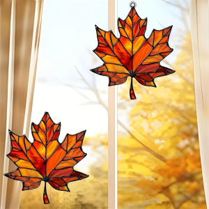 Maple Leaf Suncatcher Stained Glass Window Hanging Decor Glittering Fall Ornament For Thanksgiving Christmas Home Festival Gift