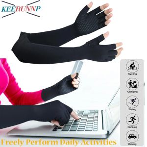 1Pair Copper Arthritis Gloves - Fingerless Compression Sleeve for Carpal Tunnel Relief Men & Women Long Wrist Support
