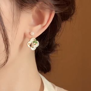 good 999 18K GOLD Fashion Design Panda Pearl Flower Zircon Earrings ES63678