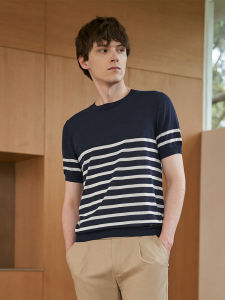 Short Sleeve Sapphire Round Neck Striped T-Shirt