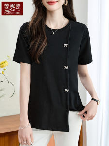 Ladies Cotton T-Shirt Short Sleeve Loose Fit Summer Wear for Middle-Aged Mothers Black Pure Cotton plus Size Casual Top