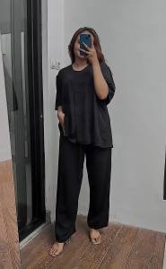 Kakeko piyama lengan pendek kain rayon twill oversize set celana panjang seri warna polos