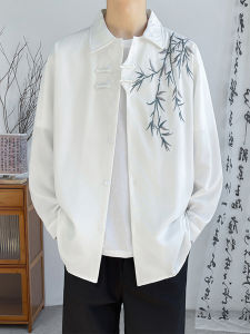 Elegant Long Sleeve Mens Shirt Ice Silk Embroidery Chinese National Style Button Design Spring Summer New Arrival Casual Wear