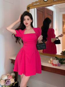 Chic French Retro Style Pure Color High Waist Short Sleeve Dress for Women Summer New Arrival Plus Size Casual Workwear