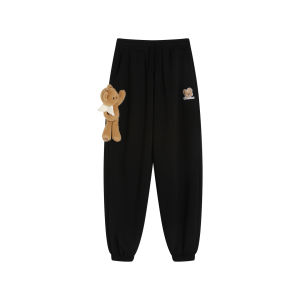 Spring New Cute 3D Teddy Bear Decorated Kids Knitted Pants Tapered