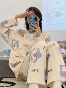 Womens Pure Cotton Long Sleeve Pants Sleepwear Two-Piece Set Thin Spring Autumn Cartoon Cute Style Home Clothes Summer