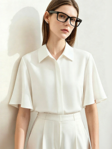 AMII | Elegant Commuter Style Turn-down Collar Butterfly Sleeve Loose Short-sleeve Chiffon Shirt