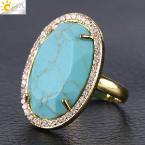CSJA Natural Gem Stone Faceted Opening Adjustable Ring Gold Color Plated Crystal CZ Zircon Rhinestone Rings for Women Men F458