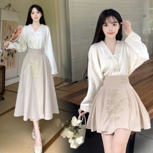 New Chinese Style Chinese Style Suit Skirt for Women Spring & Fall Plus Size Plus Size Ladies Slimming Youthful-Looking Sense of Design Shirt Horse-Face Skirt Two-piece Set