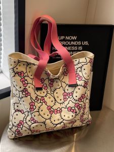 Hellokitty Large Capacity Canvas Bag Womens Cute Cartoon Hello Kitty Satchel Shopping Bag Easiest for Match Shoulder Tote Bag