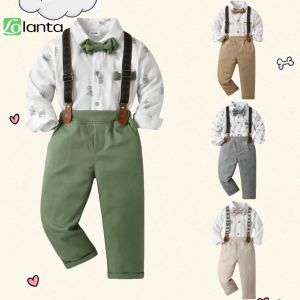 LOlanta 4Pcs Baby Boys Suit Kids Printed Shirt Suspenders Pants with Bow Set Childrens Fashion Wedding Birthday Costume Casual Daily Wear