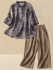 V.C.I | Chinese Style Linen Casual Shirt Set Medium Sleeve Wide Leg