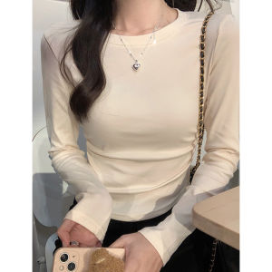 White round Neck Long Sleeves T-Shirt Female Early Spring New Design Sense Pleated Waist Tight Slimming Inner Bottoming Shirt Top