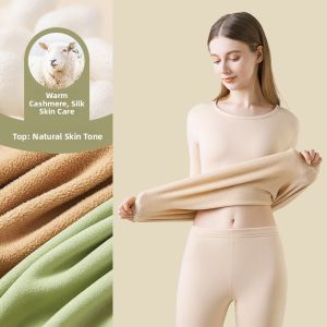 miiow | Thickened Fleece Womens Thermal Underwear Set Cat Person Silk Wool Warm Clothes Long Sleeve Round Neck Long Pants For Autumn Winter