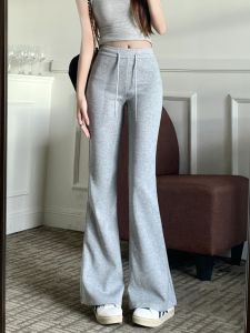 Grey High Waist Sports Pants Womens Korean Style Autumn Fashion Slimming American Flared Casual Trousers Long Pants