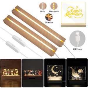 1-2Pcs LED Wood Light Display Rectangular Crystal Wooden Lighted Base Stand Acrylic Lights Plate Base USB for Resin Art Decor