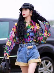 Retro Hong Kong Style Long Sleeve Dyed Print Womens Shirt Spring Fashion Anti-Aging Versatile Single Button Flower Shirt