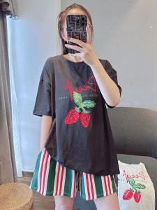 Cute Strawberry Pure Cotton Womens Sleepwear Short Sleeve round Neck Casual Home Clothes Set Can Be Worn outside in Summer