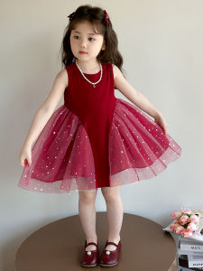 Princess Style Summer Dress for Girls Vest Dress Wine Red Color Childrens Clothing Cotton Polyester A-Line Skirt Kids Gift