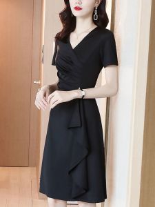Elegant Black V-neck Womens Dress Slimming Hepburn Style Summer New Arrival A-line Mini Dress Polyester Fiber Short Sleeve
