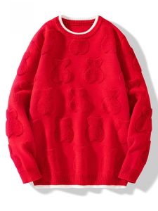 ROMON | Áo len cổ tròn dày màu đỏ cho nam mùa đông thời trang thành phố thường ngày rộng rãi phong cách thường ngày thời trang