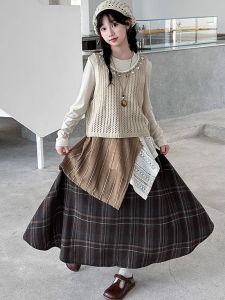 MPW | Girls Knitted Dress Set Autumn Fashionable Korean Style Long Sleeve Midi Skirt And Top Three Piece Suit Soft Breathable Machine Washable