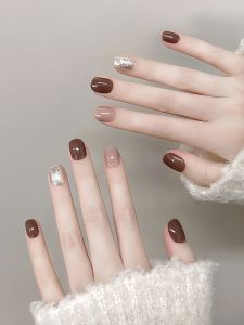 Handmade Caramel Cocoa Short Nail Tips Cat Eye Design Wearable False Nails Patch Autumn Winter New Arrival Beauty Nail Art