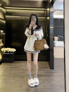 Loose Navy Collar Knitwear Womens Spring New Style Lazy College Style Age Reduction Leathercat Sweater Casual Commute Style