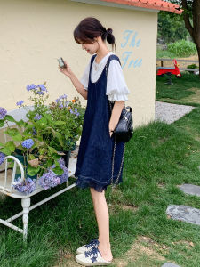 Tassel Trim Denim Overalls Set Womens Summer New Style High Waist Floral Sleeve Midi Dress Two Pieces Outfit Retro Style