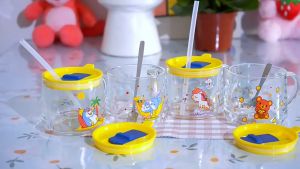 ZOWOKI Gelas Cup Cantik Minum Kaca 350ML Dengan Tutup Gelas Minum Kaca Anak Karakter Kelinci Beruang Unicorn Penguin Gratis Sedotan Anti Tumpah 350ml BPA Free