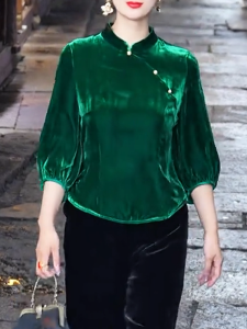 QINGNAER | Chinese Vintage Elegant Velvet Shirt