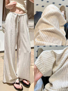 Quần Ống Rộng Vải Lanh Kẻ Sọc Màu Đào Mỏng Mùa Hè Cho Nữ Quần Dài Thường Ngày Quần Dài Thoải Mái Quần Dài Đi Chơi