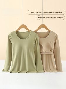 Fall and Winter Womens Pajamas with Chest Pad Single Top Homewear Pullover Long Sleeves Loose K-style Cute Thin Plus Size