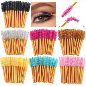 50Pcs Disposable Eyelash Makeup Brush Mascara Wands Gold Mini Eye Lash Brushes Short Eyebrow Comb Eyelashes Extension Tool