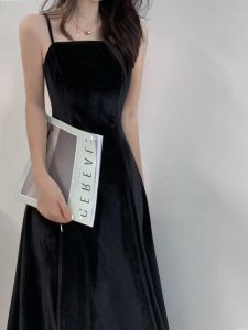 Elegant Vintage Velvet Black Slim Fit Wrap Dress Long Inner Wear Commute High Waist A-Line Skirt Spring Season Sleeveless